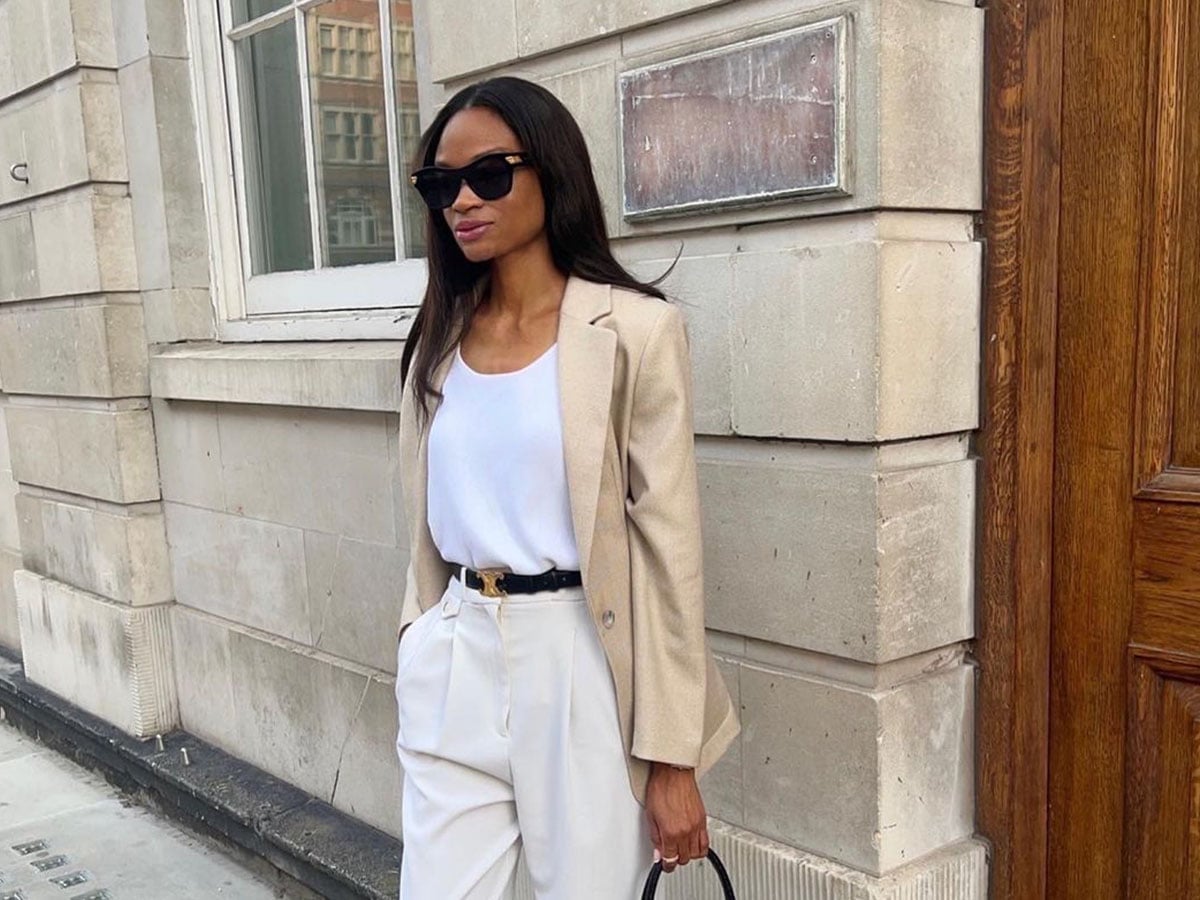 Oversized Beige Blazer with White Top and Wide-Leg Trousers — Business Dinner Outfits 2027