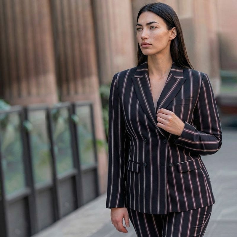 Black Pinstripe Blazer and Matching Fitted Trousers — Business Dinner Outfits 2027