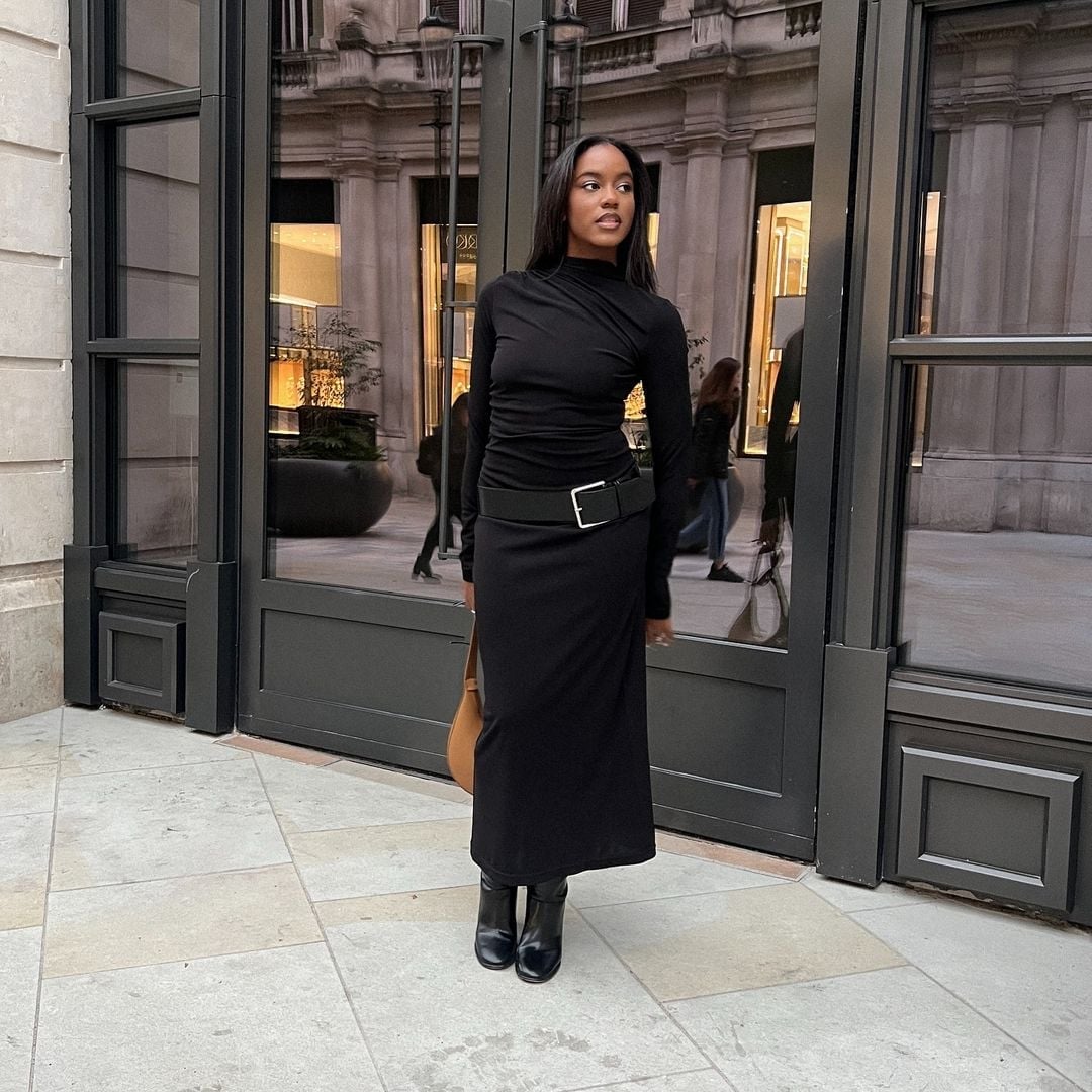 Black Mock-Neck Dress with Wide Belt and Ankle Boots — Business Dinner Outfits 2027