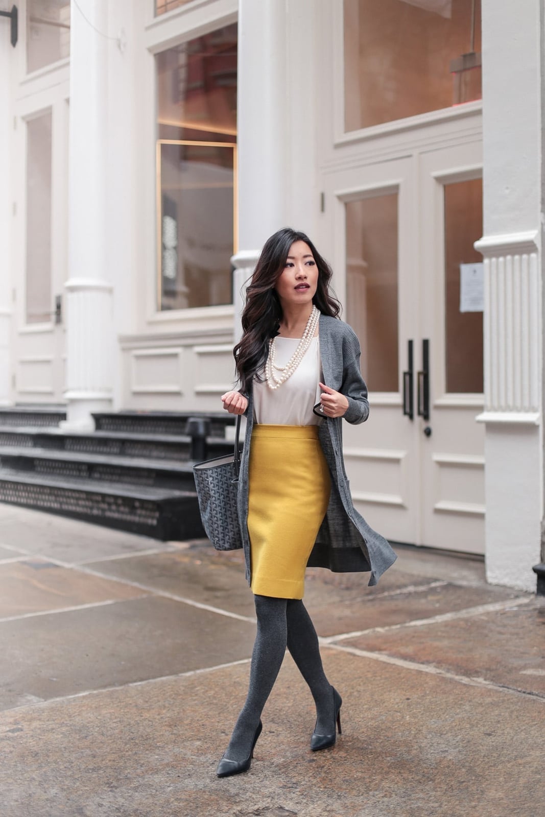 Yellow Pencil Skirt with Gray Cardigan and Tights — Business Dinner Outfits 2027
