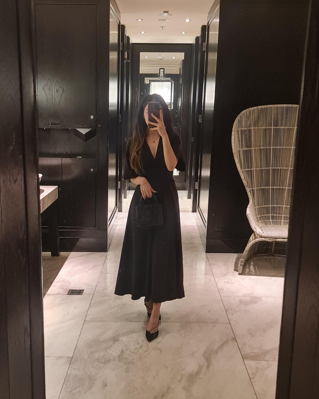 Classic Black Wrap Dress with Embellished Heels — Business Dinner Outfits 2027