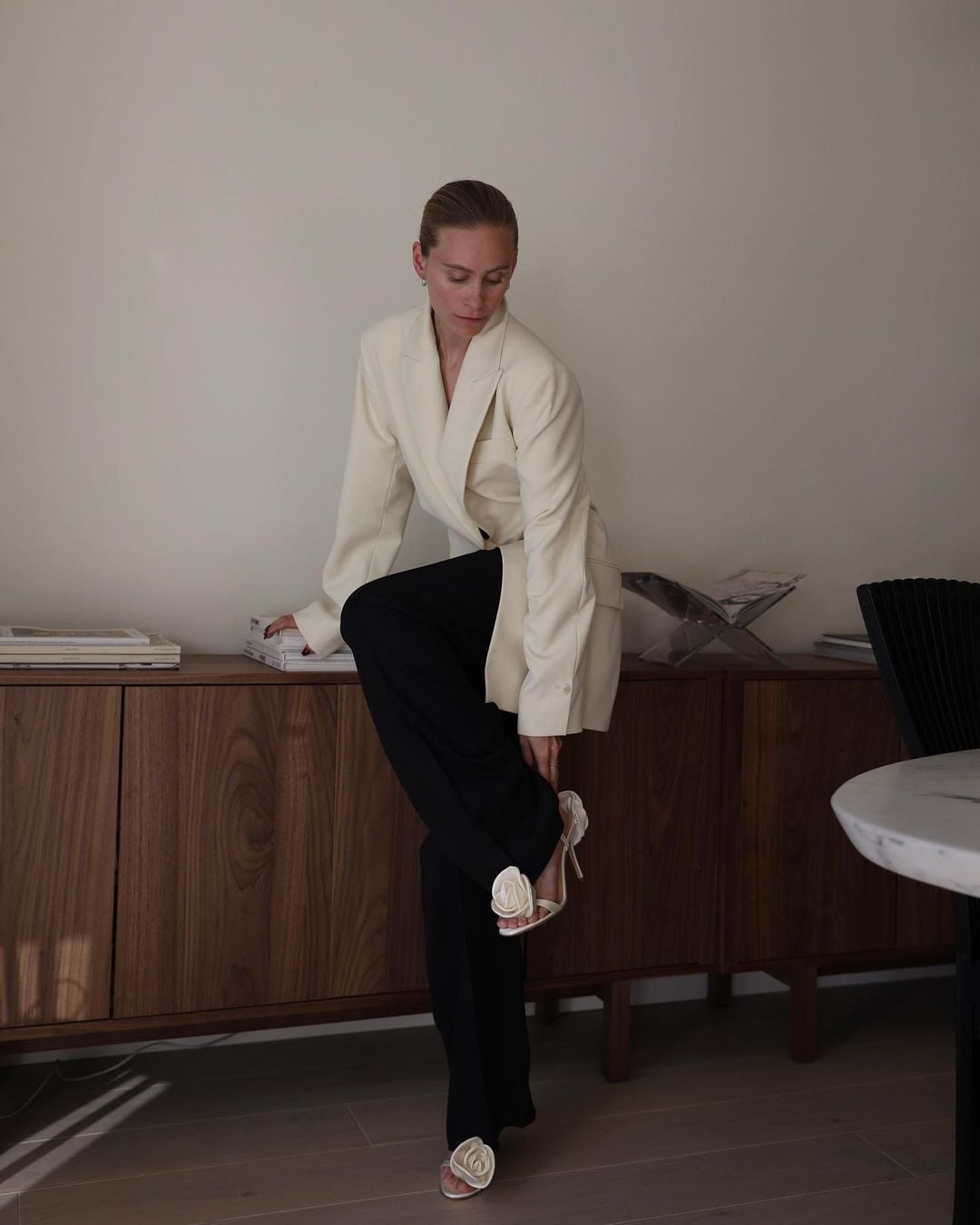Cream Double Breasted Blazer and Black Wide-Leg Trousers — Business Dinner Outfits 2027