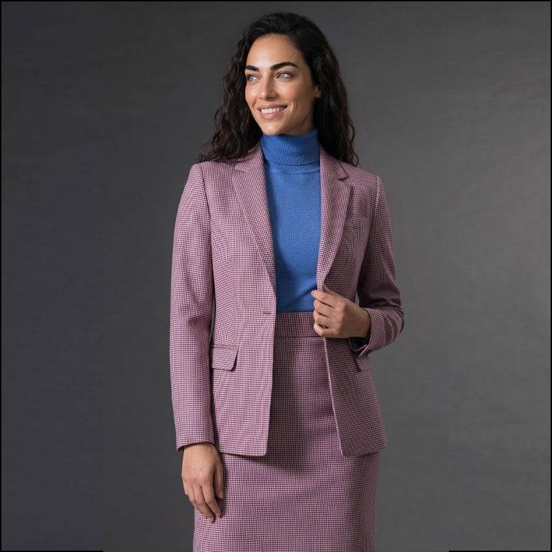 Pink and White Checked Blazer and Pencil Skirt Set — Business Dinner Outfits 2027