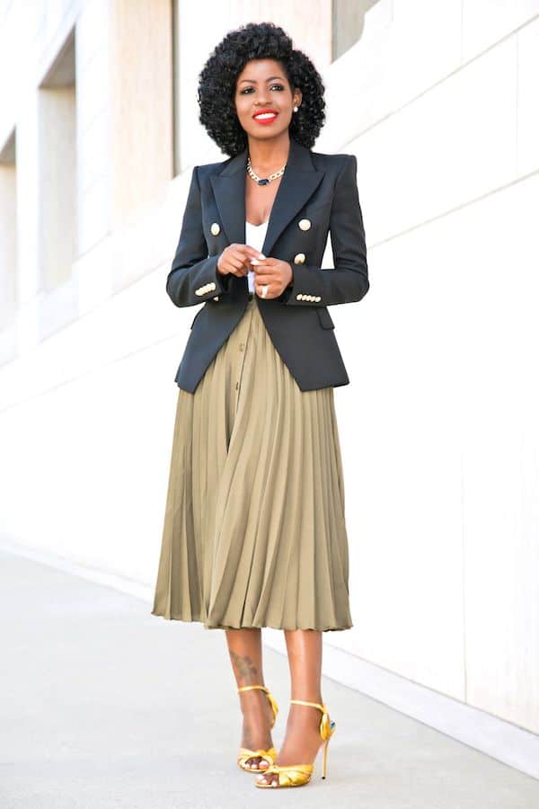 Black Blazer Olive Green Pleated Midi Skirt and Gold Heels — Business Dinner Outfits 2027