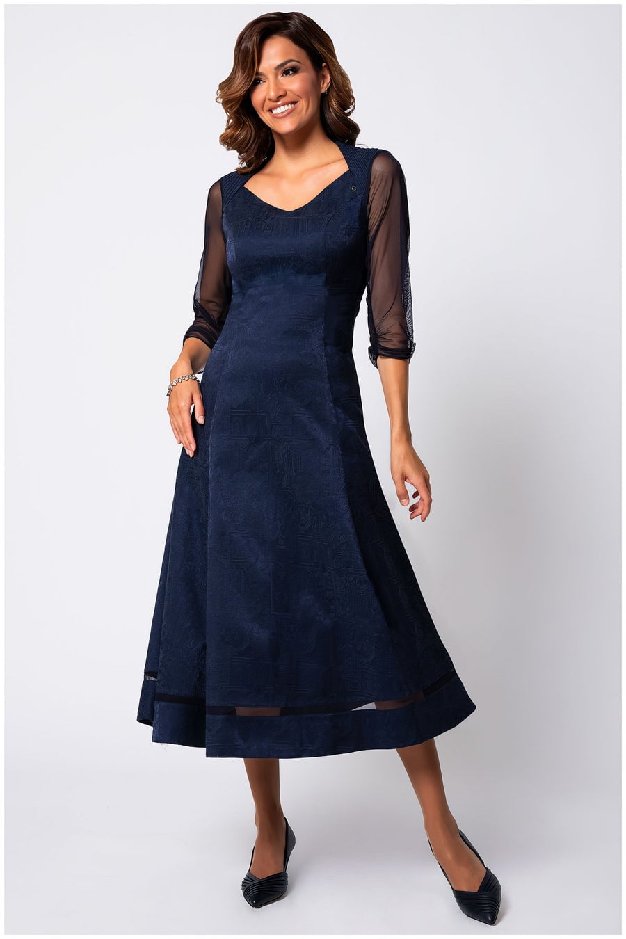 Navy Textured Midi Dress with Sheer Sleeves — Business Dinner Outfits 2027