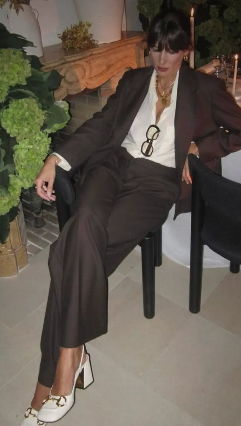 Tailored Brown Suit with Ivory Shirt and Gold Accents — Business Dinner Outfits 2027