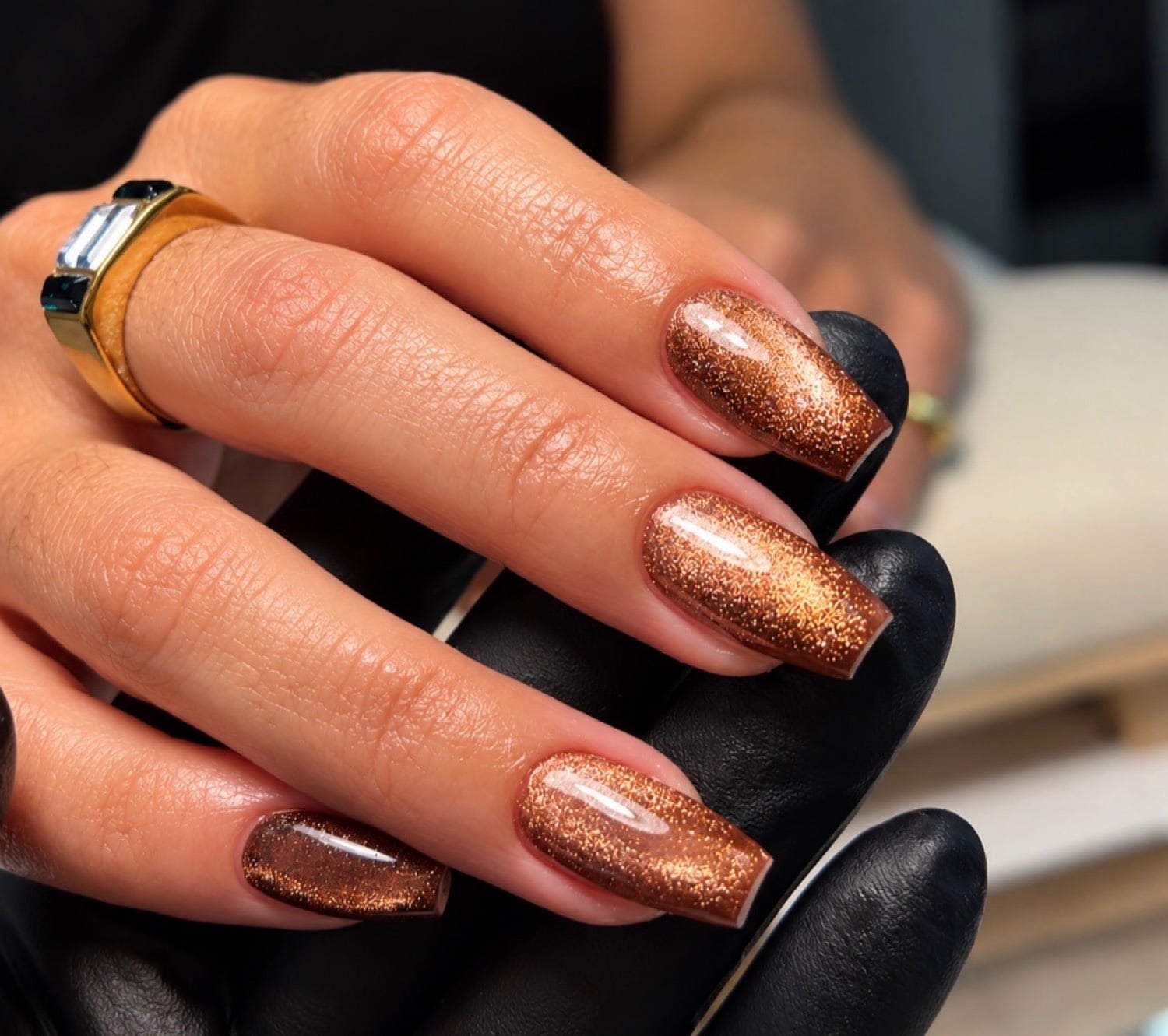 Long Squoval Copper Brown Glitter Chrome Long Squoval Copper Brown Glitter Chrome — Cat Eye Chrome Nails 2027