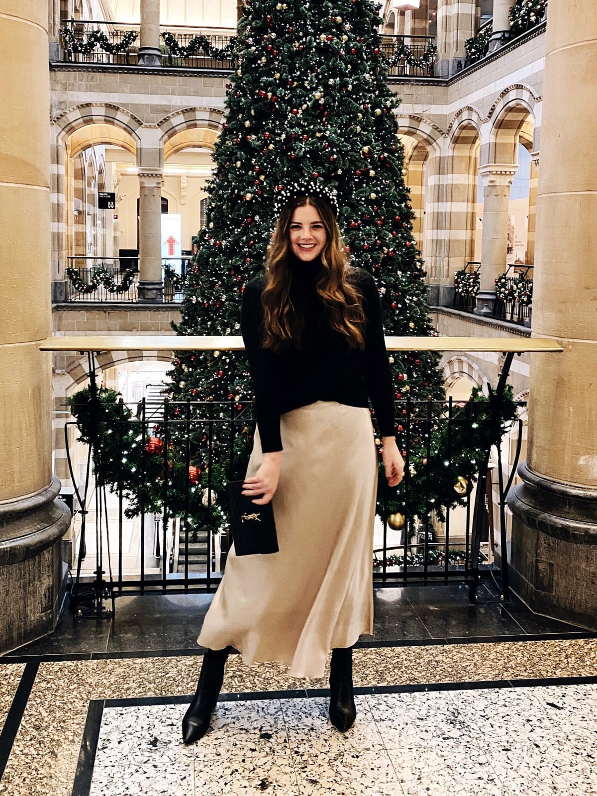 Champagne Satin Skirt with Black Turtleneck Champagne Satin Skirt with Black Turtleneck — Christmas Morning Outfits 2026