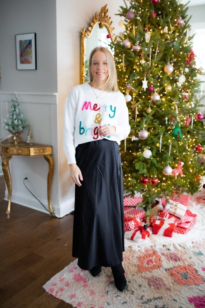 'Merry & Bright' Sweater with Satin Skirt 'Merry & Bright' Sweater with Satin Skirt — Christmas Morning Outfits 2026