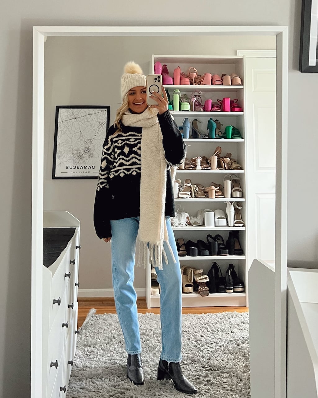 Patterned Sweater with Jeans and Beanie Patterned Sweater with Jeans and Beanie — Christmas Morning Outfits 2026