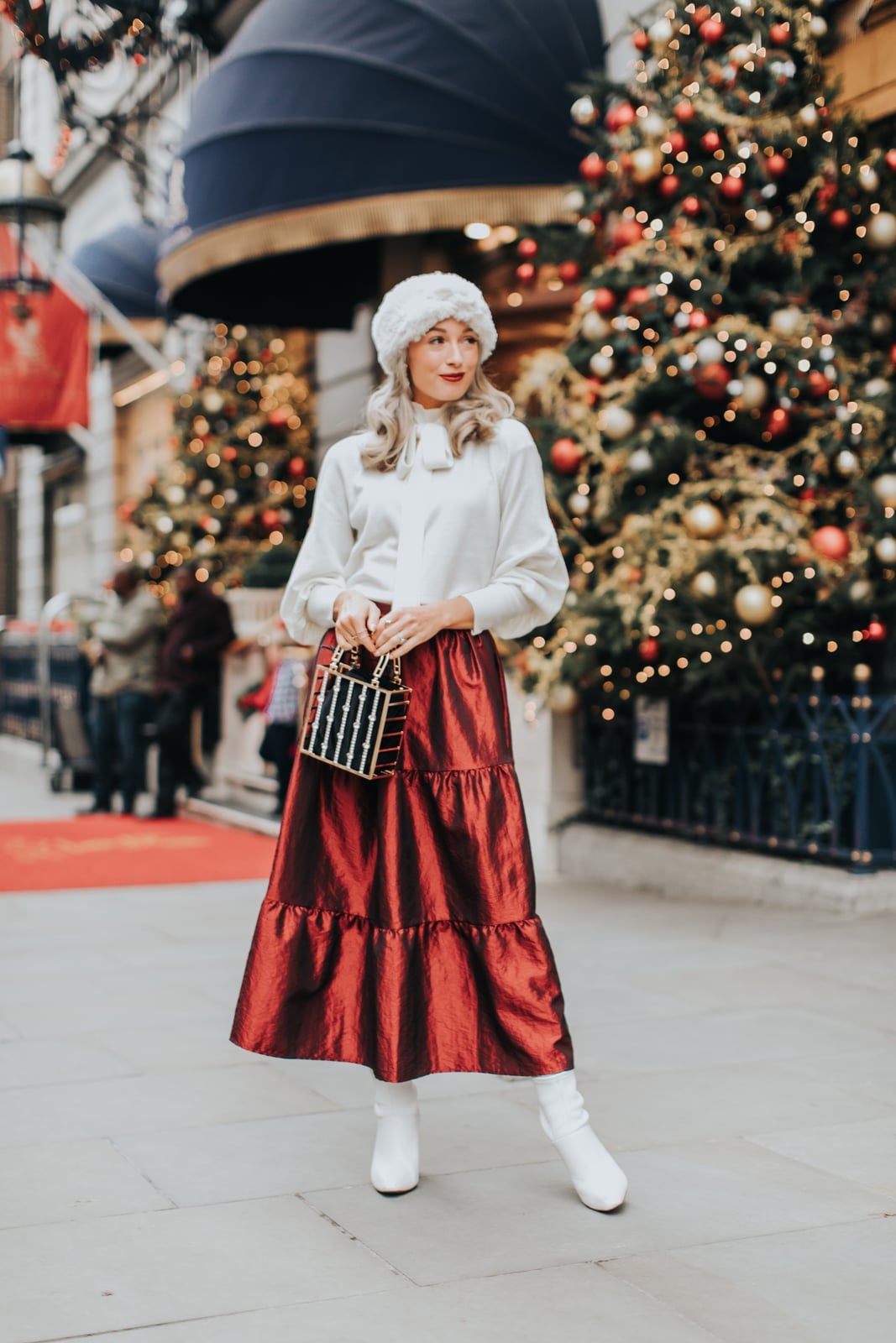 Metallic Red Tiered Skirt with Bow Blouse Metallic Red Tiered Skirt with Bow Blouse — Christmas Morning Outfits 2026
