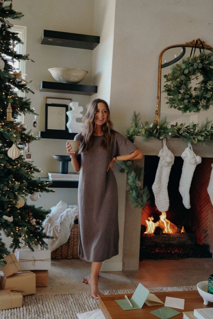 Taupe Knit Midi Dress for At-Home Comfort Taupe Knit Midi Dress for At-Home Comfort — Christmas Morning Outfits 2026