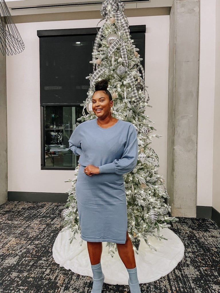 Muted Blue Sweater Dress with Puffy Sleeves Muted Blue Sweater Dress with Puffy Sleeves — Christmas Morning Outfits 2026