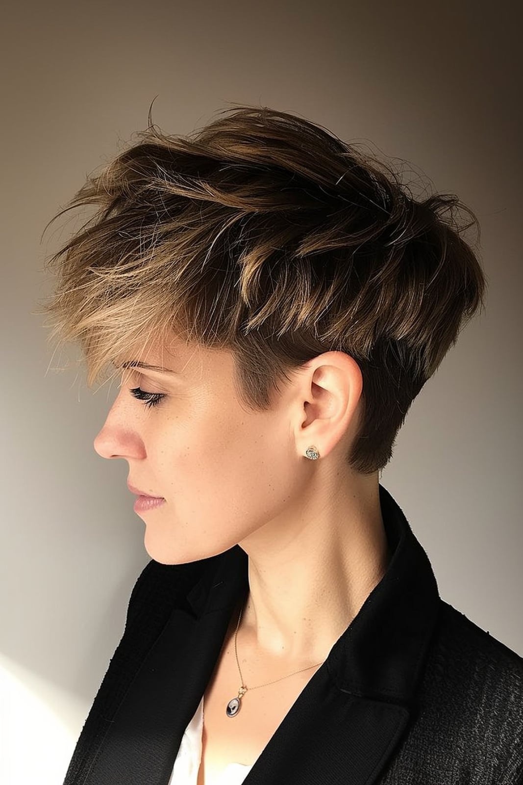 Pixie With Choppy Layers And Dark Brown Base Pixie With Choppy Layers And Dark Brown Base — Chunky Highlights Pixie 2027