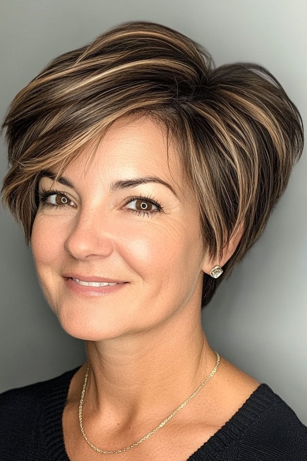 Layered Pixie With Chin-Length Side-Swept Bangs Layered Pixie With Chin-Length Side-Swept Bangs — Chunky Highlights Pixie 2027