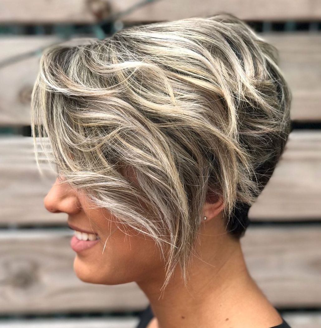 Choppy Pixie With Textured Side-Swept Bangs Choppy Pixie With Textured Side-Swept Bangs — Chunky Highlights Pixie 2027