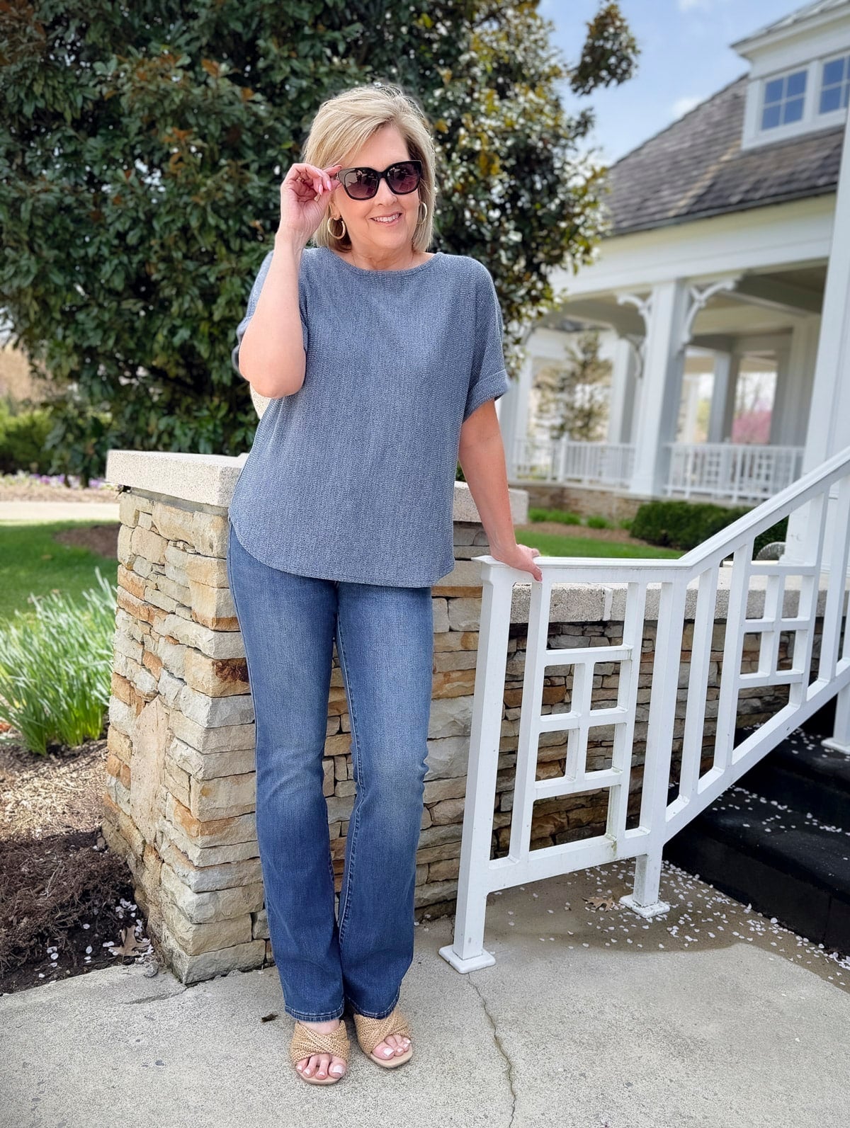 Textured Knit Top With Fitted Bootcut Jeans, Woven Slide Sandals Textured Knit Top With Fitted Bootcut Jeans, Woven Slide Sandals — Church Bootcut Jeans Outfits 2027