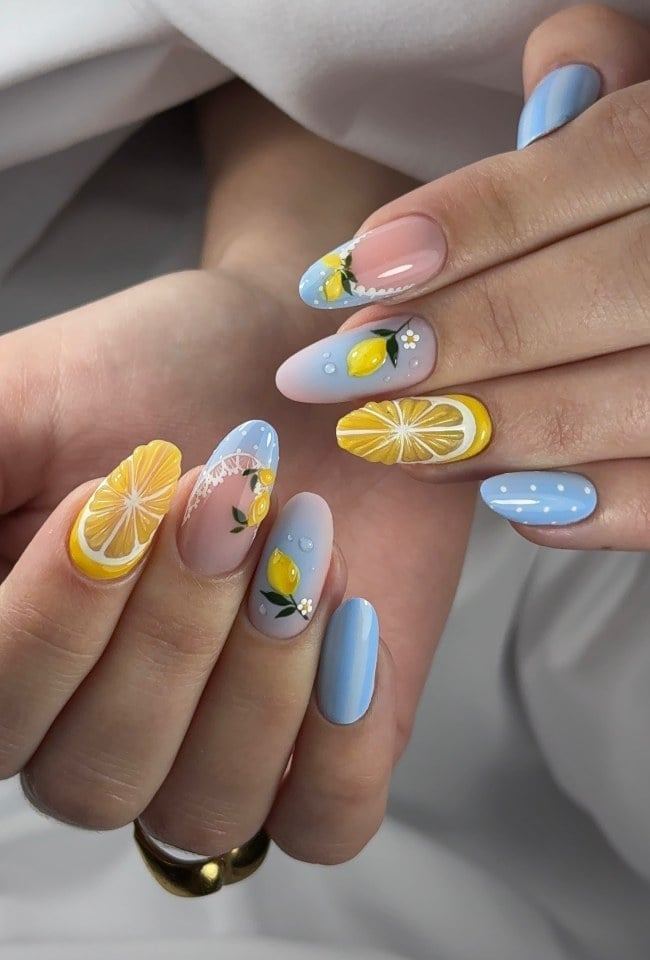 Medium Almond Oval Nails With Painted Lemon Slices — Citrus Nails 2027