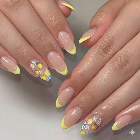 Medium Almond Nails With Yellow French Tips And Lemon Art — Citrus Nails 2027