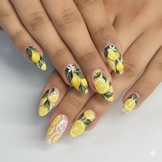 Long Almond Nails With Realistic Lemon Illustrations — Citrus Nails 2027