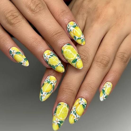 Long Almond Nails With All-Over Lemon Leaf Print, Close-Up Take — Citrus Nails 2027