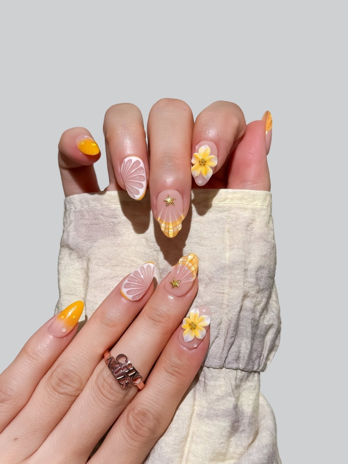 Medium Almond Nails With Citrus Slices And 3D Flowers, миндаль — Citrus Nails 2027