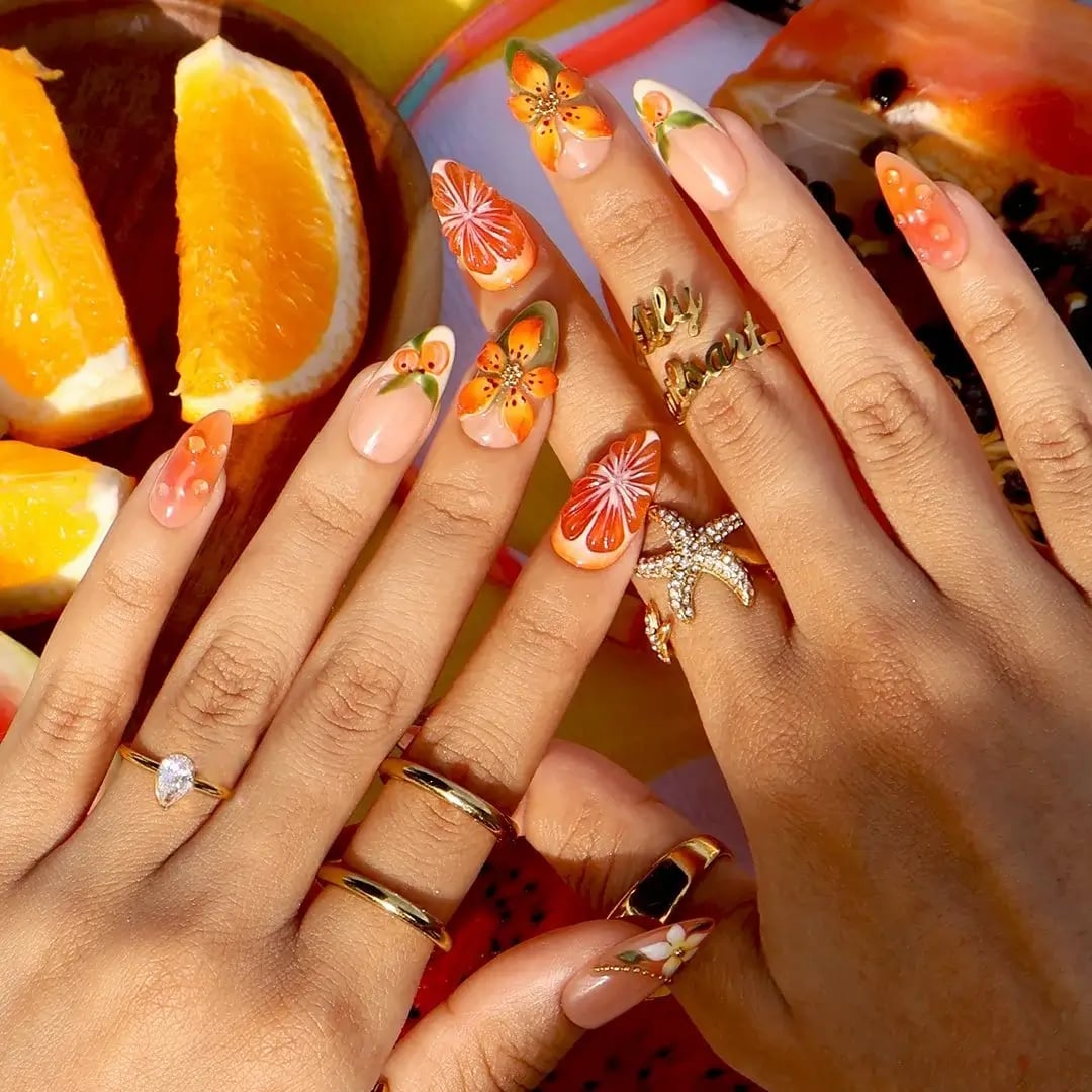 Medium Almond Nails With Peach Base And Citrus Art — Citrus Nails 2027