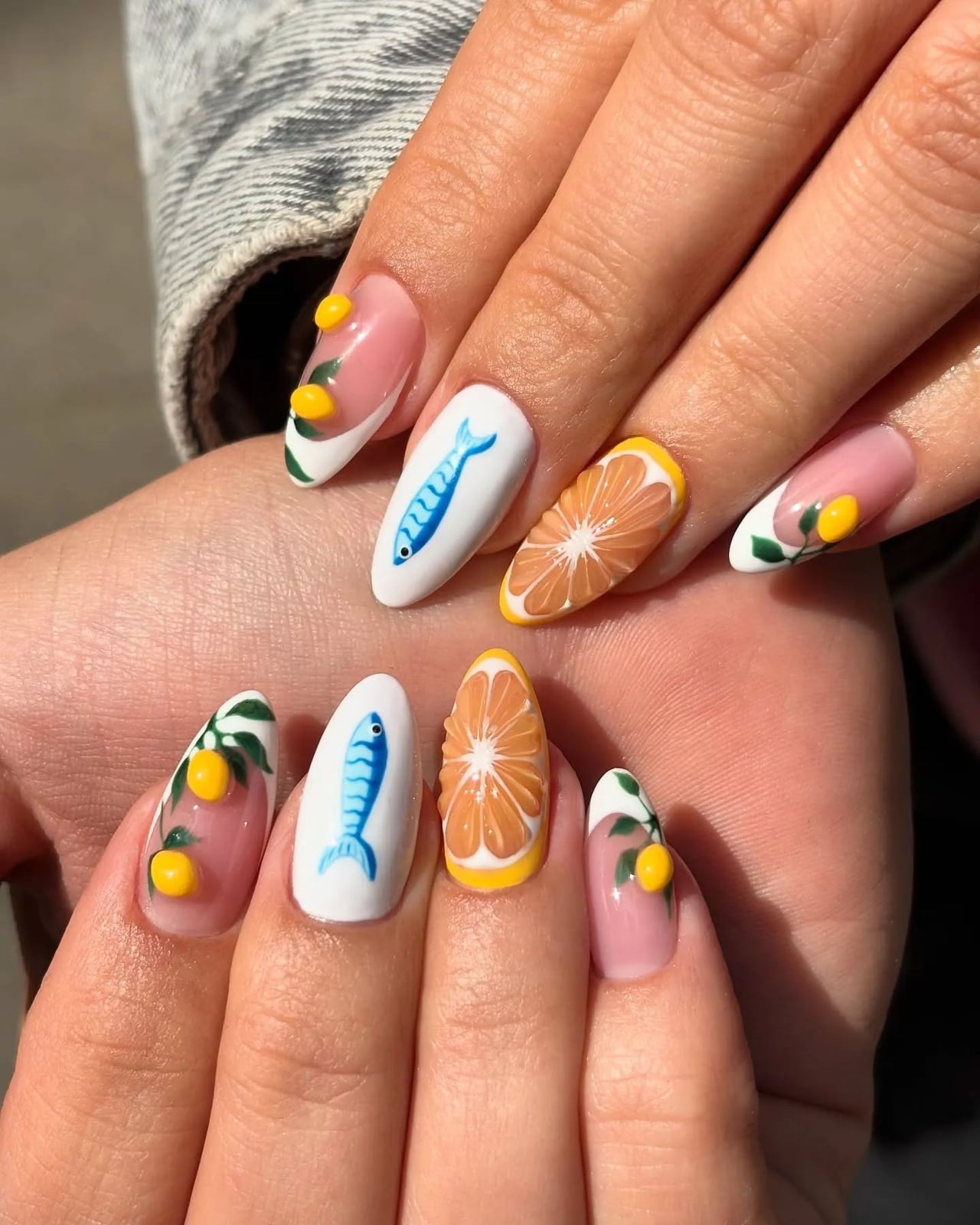 Long Stiletto Nails With Lemon Slices And Blue Fish — Citrus Nails 2027