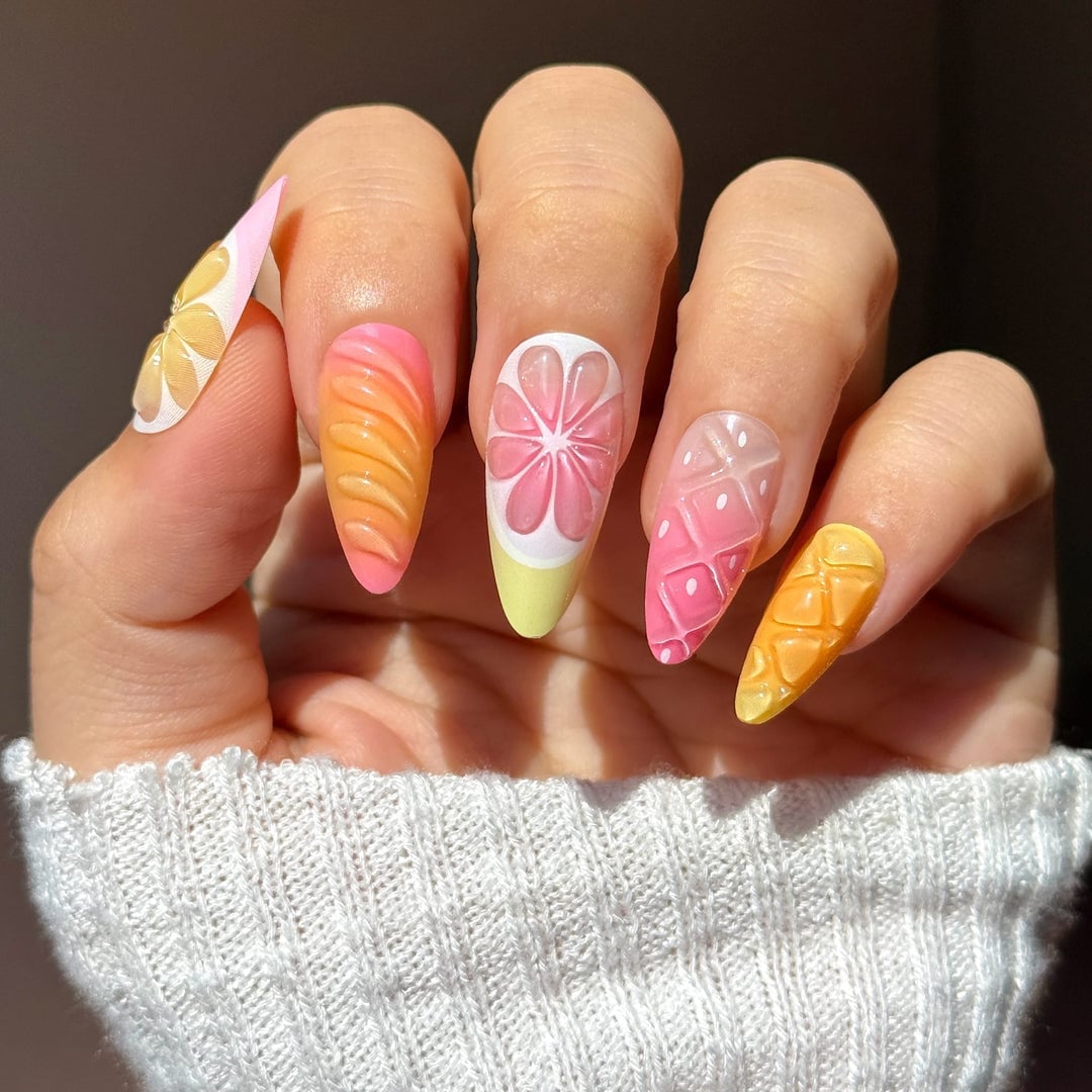 Long Stiletto Nails With Textured Pink Citrus Slice — Citrus Nails 2027