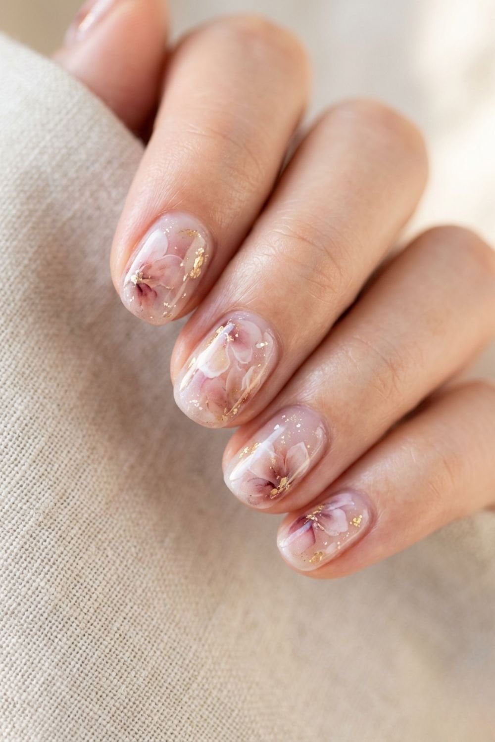 Sheer Pink Nude Floral Gold Foil Short Oval Nails Sheer Pink Nude Floral Gold Foil Short Oval Nails — Classy Short Nails 2027