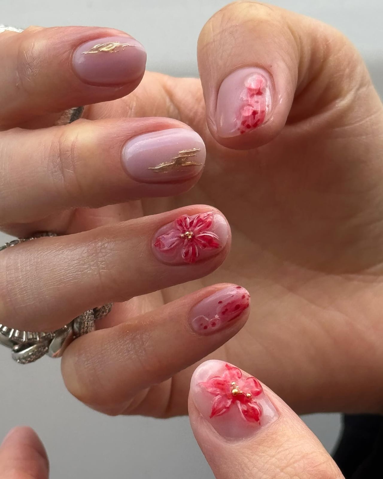 Sheer Pink 3D Floral Gold Leaf Short Oval Nails, Glossy Sheer Pink 3D Floral Gold Leaf Short Oval Nails, Glossy — Classy Short Nails 2027