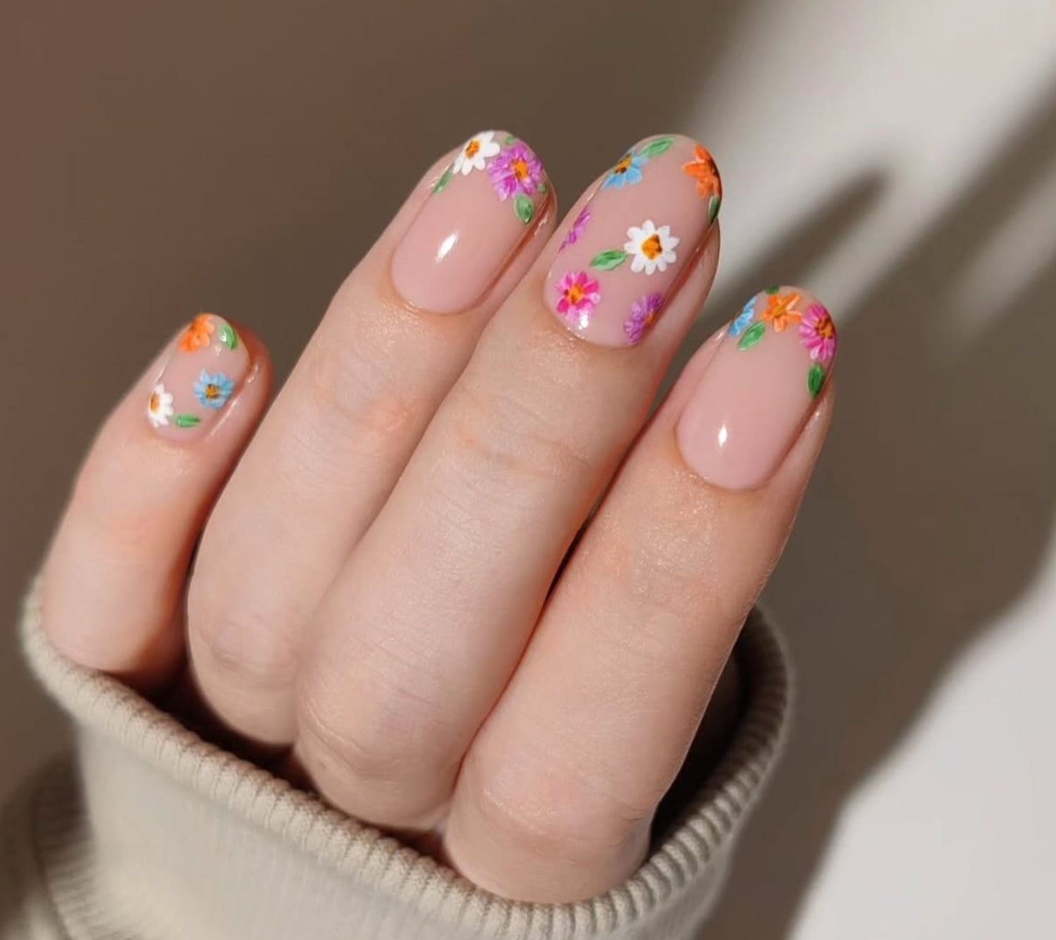 Nude Base Colorful Floral Short Oval Nails Nude Base Colorful Floral Short Oval Nails — Classy Short Nails 2027