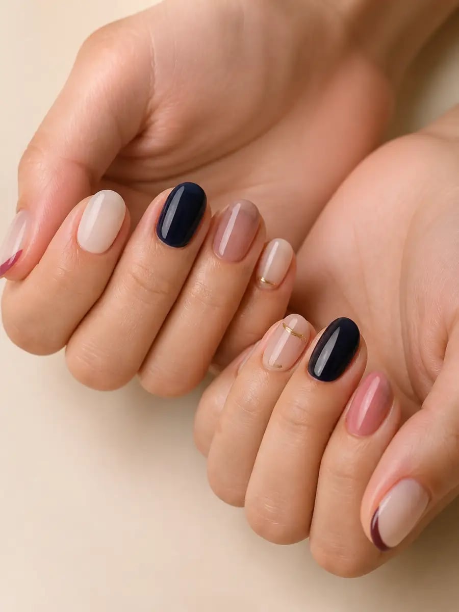 Mixed Solid Colors Gold Line Short Oval Nails Mixed Solid Colors Gold Line Short Oval Nails — Classy Short Nails 2027
