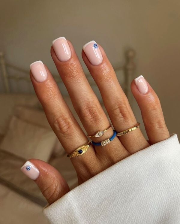 Pale Pink French Evil Eye Short Square Nails Pale Pink French Evil Eye Short Square Nails — Classy Short Nails 2027