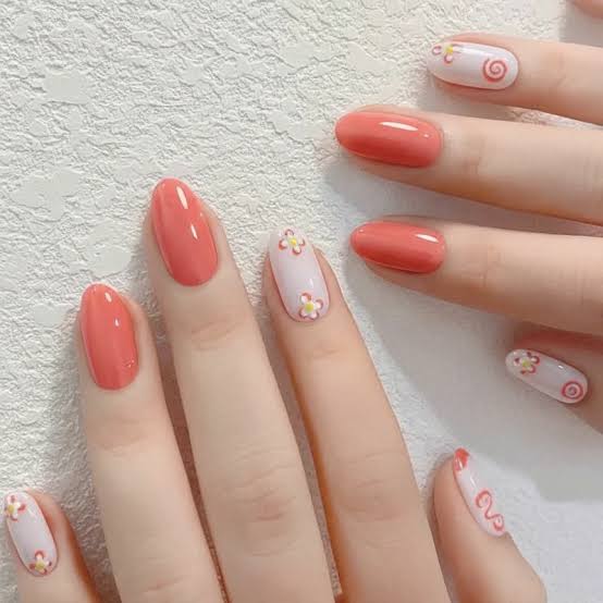 Coral Floral Curved Line Short Oval Nails Coral Floral Curved Line Short Oval Nails — Classy Short Nails 2027