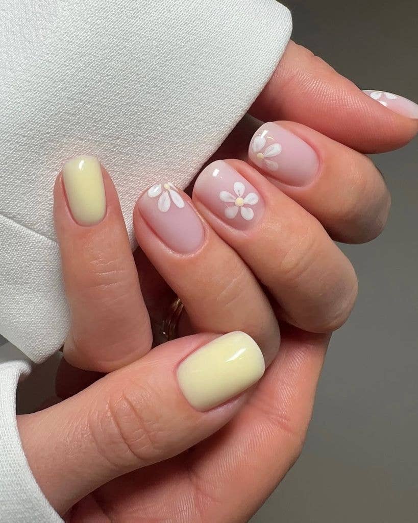Pale Pink Yellow White Flower Short Square Nails Pale Pink Yellow White Flower Short Square Nails — Classy Short Nails 2027