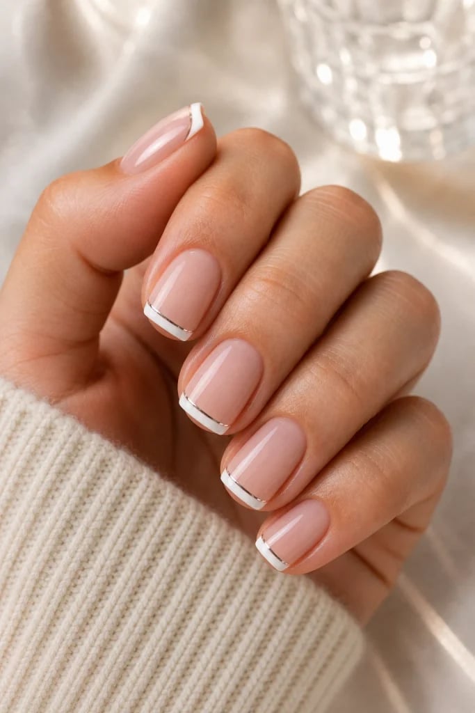 Metallic Silver Line French Short Square Nails Metallic Silver Line French Short Square Nails — Classy Short Nails 2027