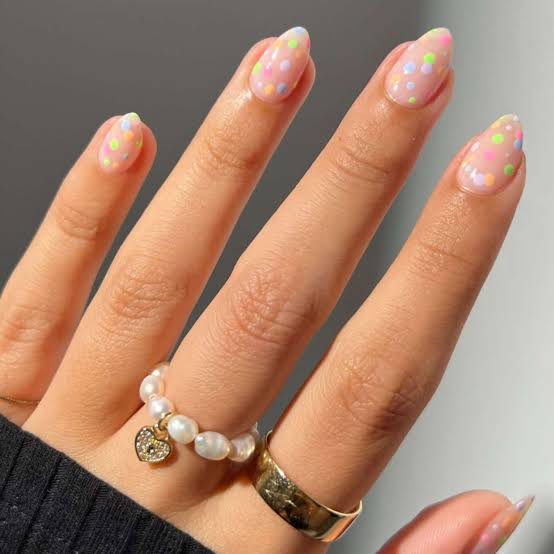 Medium Almond Pastel Polka Dot Nails Medium Almond Pastel Polka Dot Nails — Clear Nails 2027
