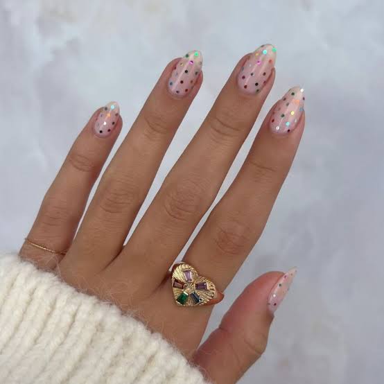 Medium Almond Glitter Polka Dot Nails, Glossy Medium Almond Glitter Polka Dot Nails, Glossy — Clear Nails 2027