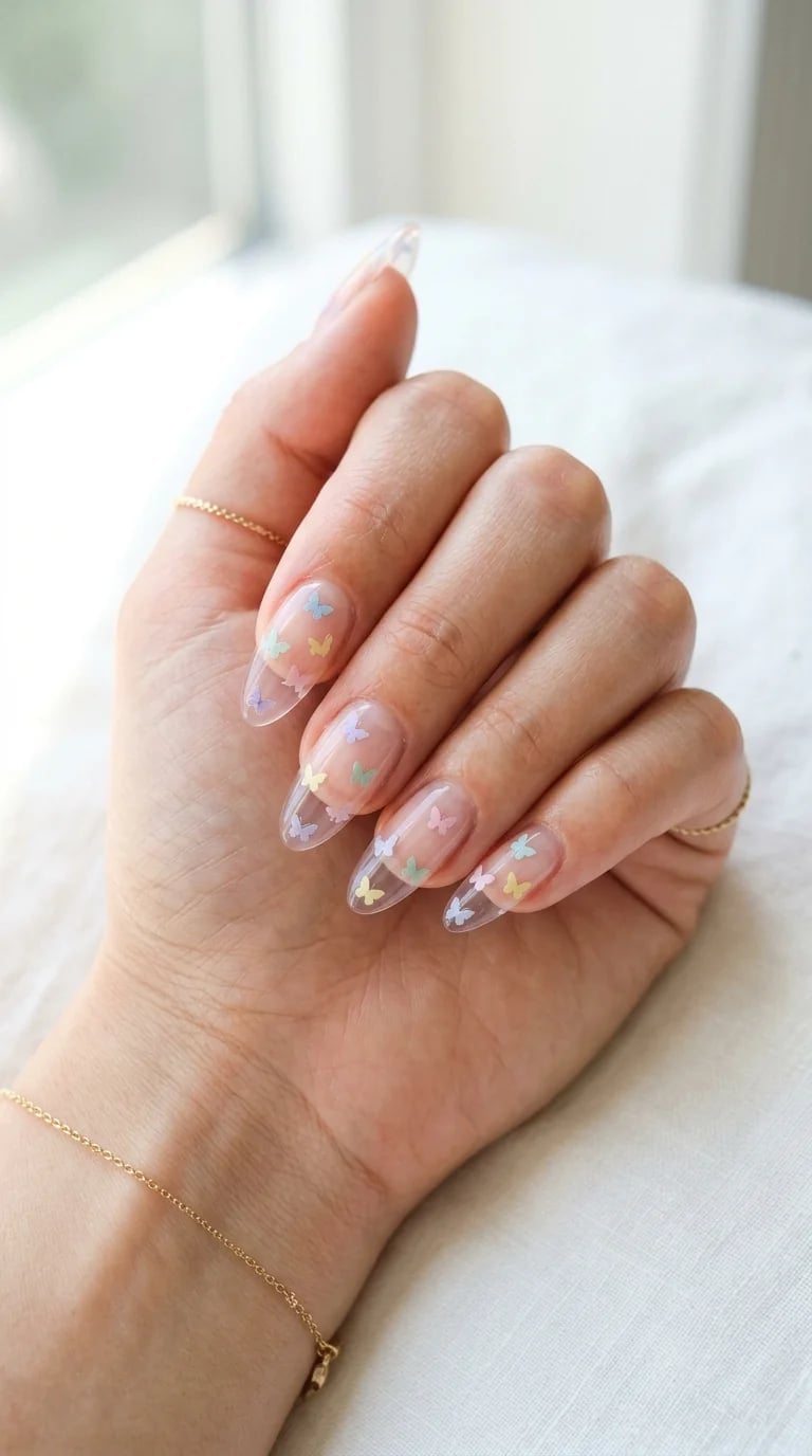 Medium Almond Clear Butterfly Decal Nails Medium Almond Clear Butterfly Decal Nails — Clear Nails 2027