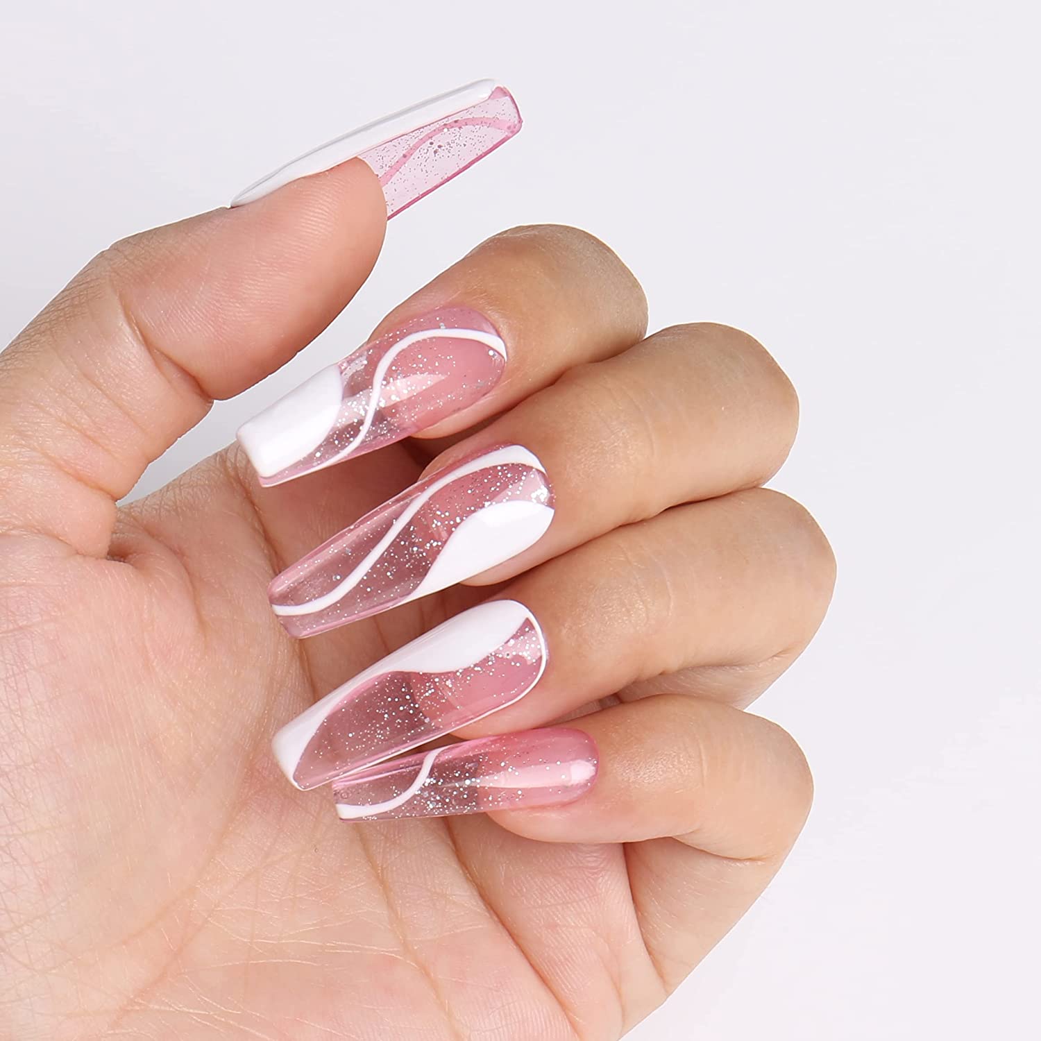 Long Coffin Clear Pink Wavy Line Nails Long Coffin Clear Pink Wavy Line Nails — Clear Nails 2027