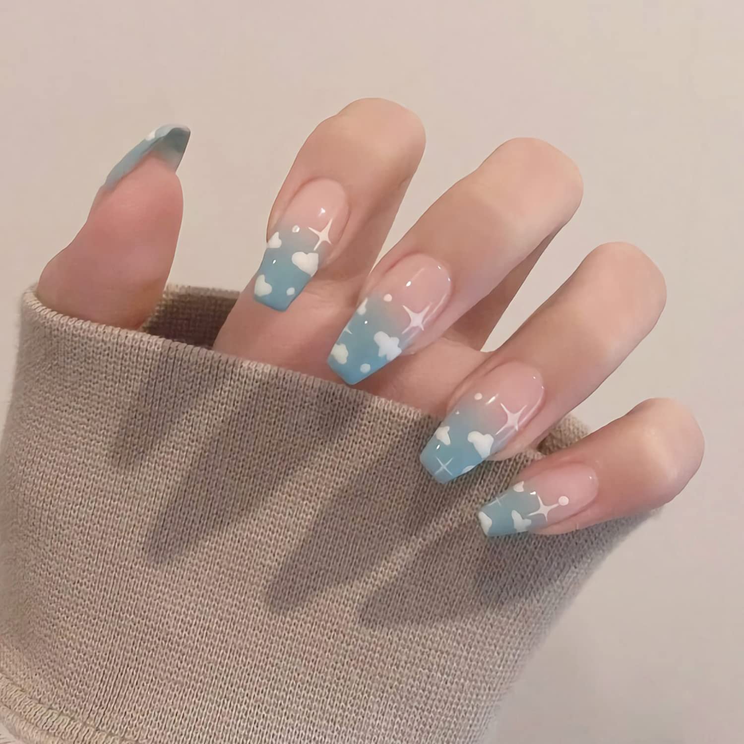 IMSOHOT 24Pcs Press on Nails Medium Glossy Coffin Fake Nails Blue Sky Clouds False Nails Glue on Nails Full Cover Ballerina Acrylic Nails for Women