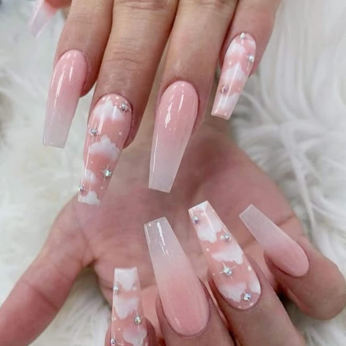 Pink to Clear Ombre Rhinestone Cloud Coffin Nails — Cloud Coffin Nails 2027