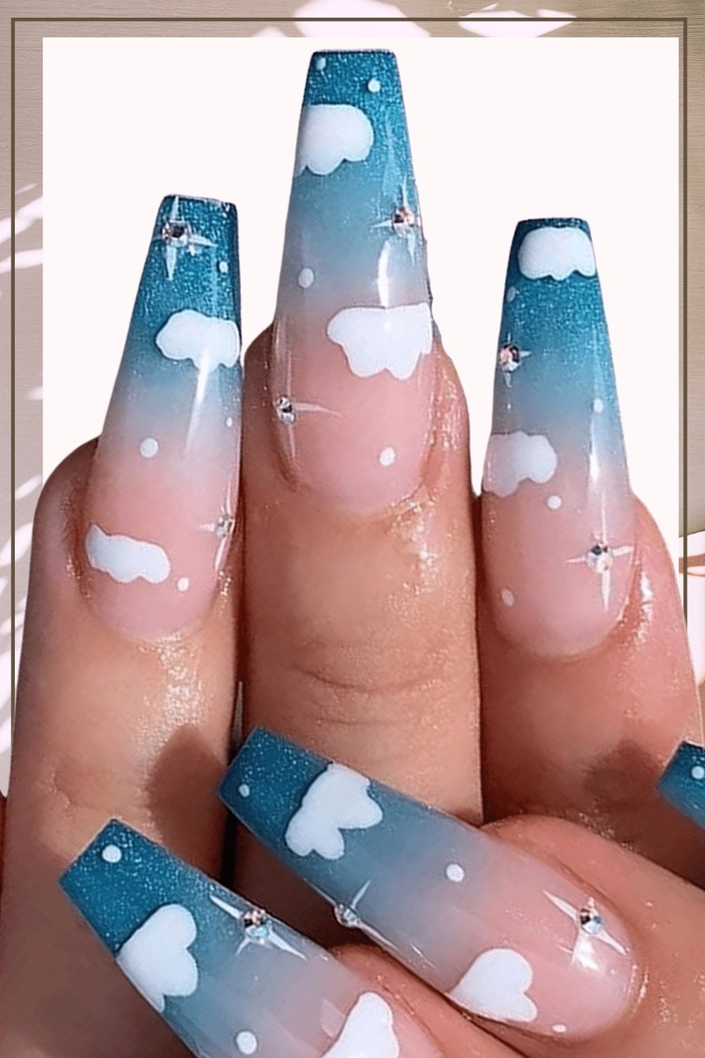 Blue Pink Ombre Rhinestone Cloud Coffin Nails, Glossy — Cloud Coffin Nails 2027