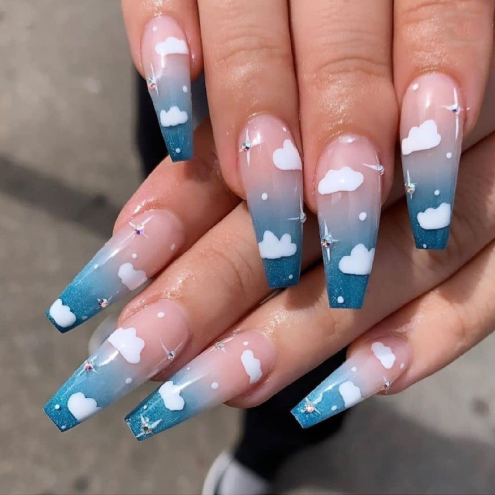Blue to Pink Ombre Cloud Rhinestone Coffin Nails, Close-Up Take — Cloud Coffin Nails 2027