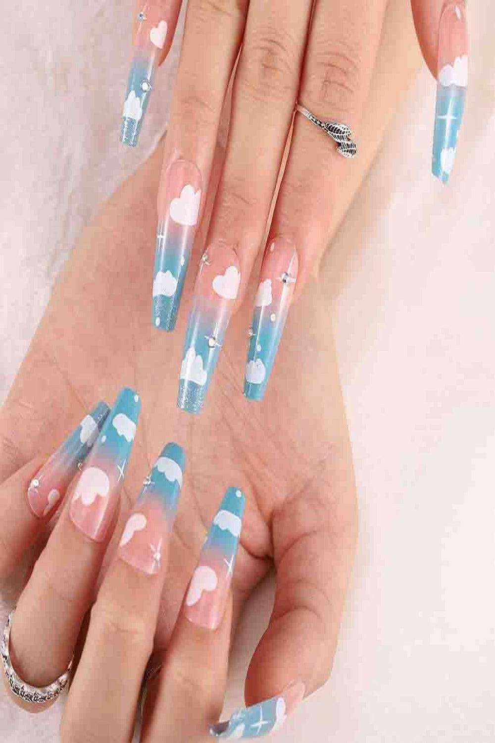 Pink Blue Gradient French Tip Cloud Coffin Nails — Cloud Coffin Nails 2027