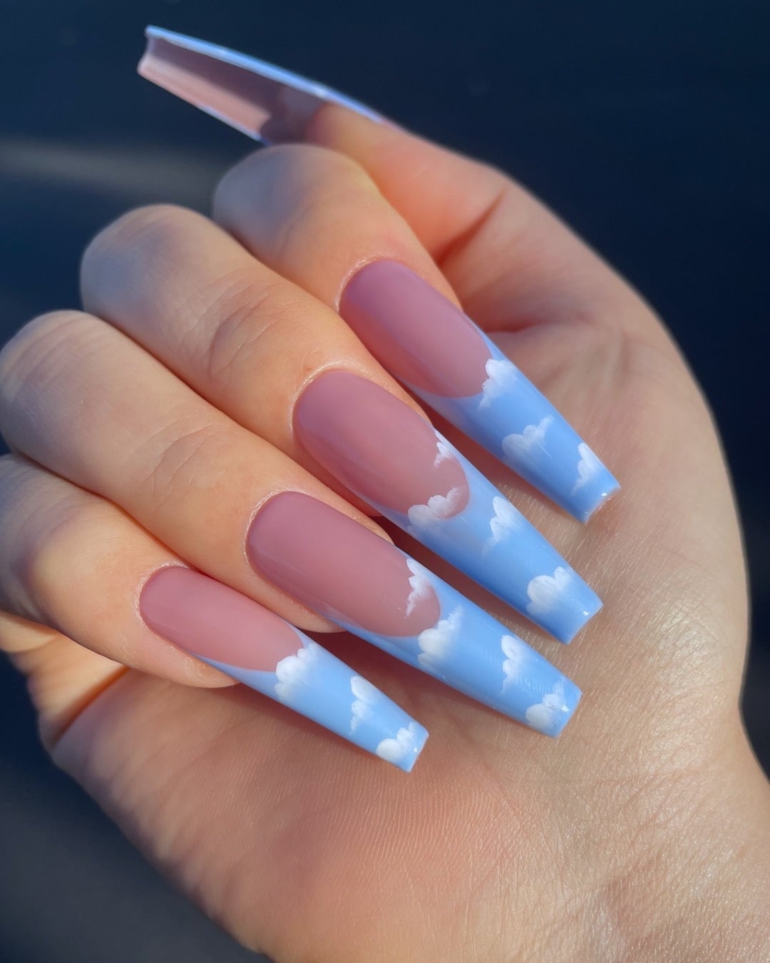 Nude Base Blue French Tip Cloud Coffin Nails — Cloud Coffin Nails 2027