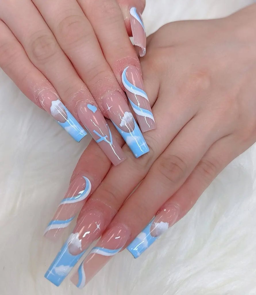 Sheer Nude Swirls and Clouds Coffin Nails — Cloud Coffin Nails 2027