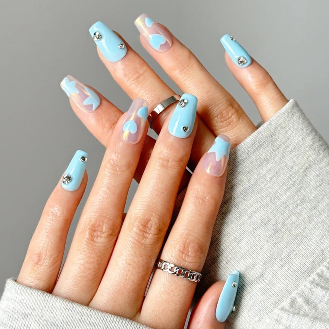 Sheer Light Blue Clouds and Rhinestone Coffin Nails — Cloud Coffin Nails 2027