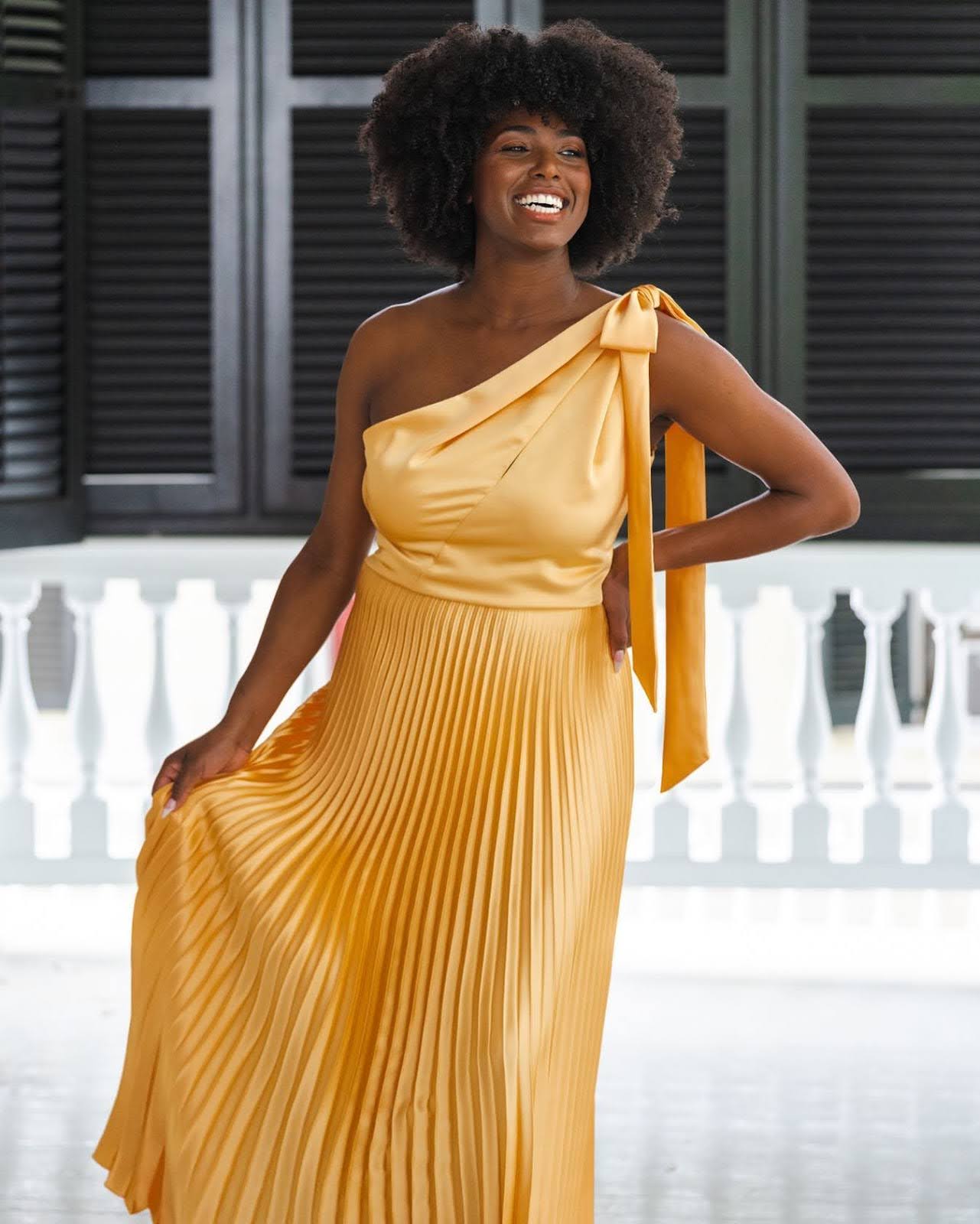 Mustard Yellow One-Shoulder Top With Bow and Pleated Skirt Mustard Yellow One-Shoulder Top With Bow and Pleated Skirt — Cocktail Attire Outfits 2027